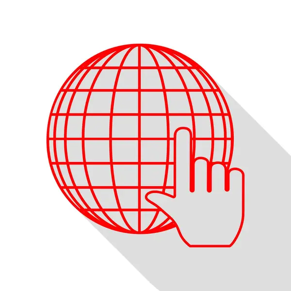 Globo da Terra com cursor. ícone vermelho com caminho de sombra de estilo plano . —  Vetores de Stock