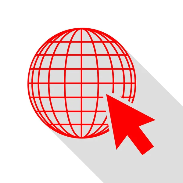 Globe terrestre avec curseur. Icône rouge avec chemin d'ombre de style plat . — Image vectorielle