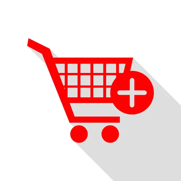 Shopping Cart with add Mark sign. Красная икона с плоским шадо — стоковый вектор