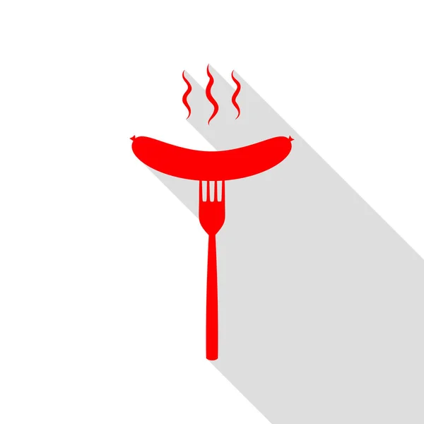 Saucisse à la fourchette. Icône rouge avec chemin d'ombre de style plat . — Image vectorielle