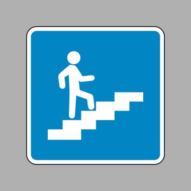 Adam merdivenlerde gidiyor. Beyaz arka plan olarak mavi işareti simgesine.