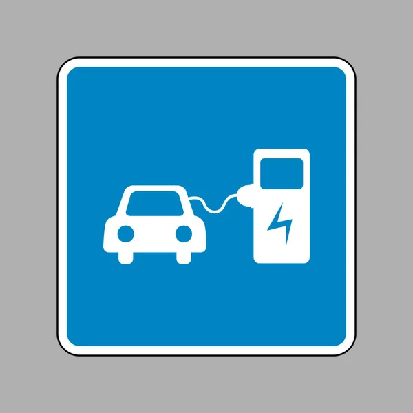 Cartel de carga de batería de coche eléctrico. Icono blanco en el signo azul como b — Vector de stock