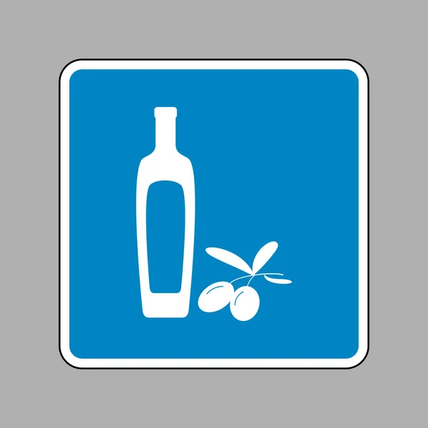 Black olives branch with olive oil bottle sign. White icon on bl — Stock Vector