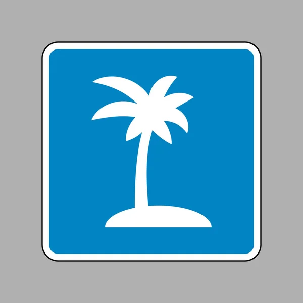 Coconut palm tree znamení. Bílá ikona na modré turistické značce jako pozadí. — Stockový vektor