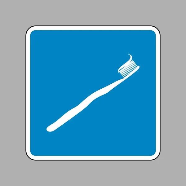 Escova de dentes com porção de pasta de dentes aplicada. Ícone branco em azul s — Vetor de Stock
