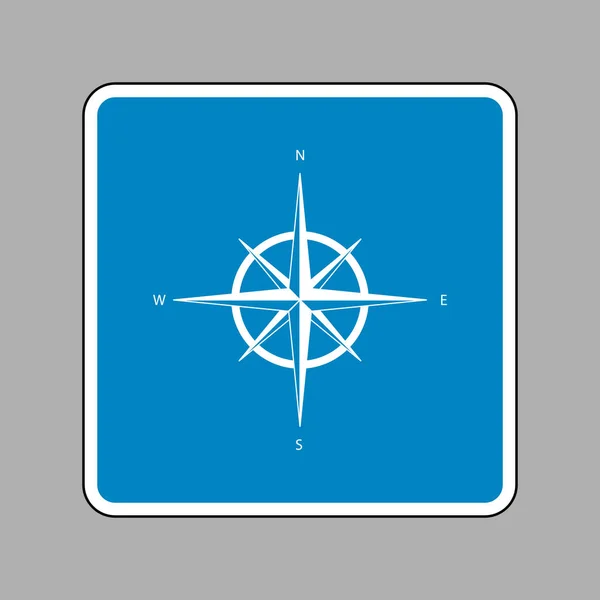 Větrná růžice znamení. Bílá ikona na modré turistické značce jako pozadí. — Stockový vektor