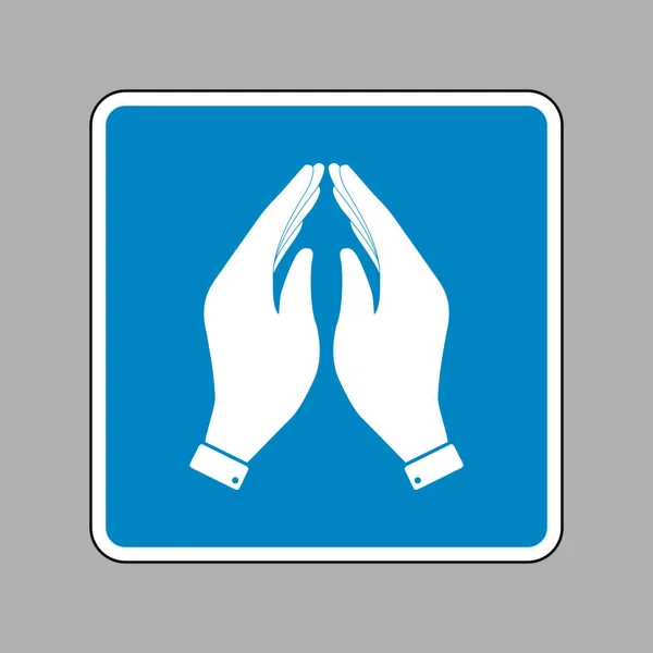 Illustrazione icona a mano. Simbolo di preghiera. Icona bianca su segno blu a — Vettoriale Stock