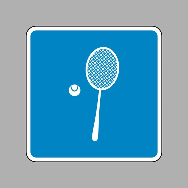 Tennis racquet sign. White icon on blue sign as background. — Stock Vector