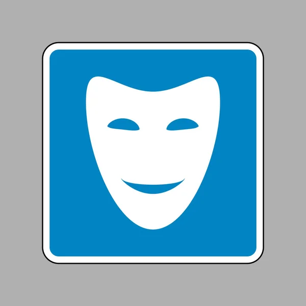 Komedie theatrale maskers. Wit pictogram op blauw bord als achtergrond. — Stockvector