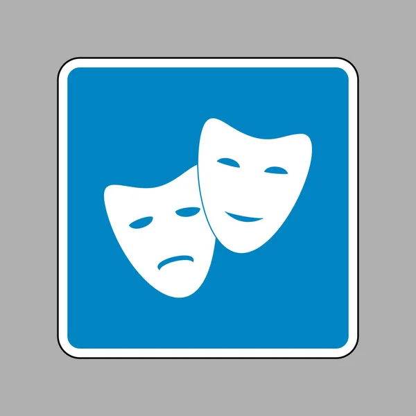 Icône de théâtre avec des masques heureux et tristes. Icône blanche sur signe bleu a — Image vectorielle