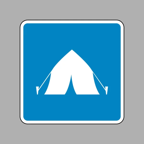 Namiot turystyczny znak. Biała ikona na niebieski znak jako tło. — Wektor stockowy