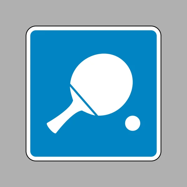 Paleta de ping pong con pelota. Icono blanco en el signo azul como fondo — Vector de stock