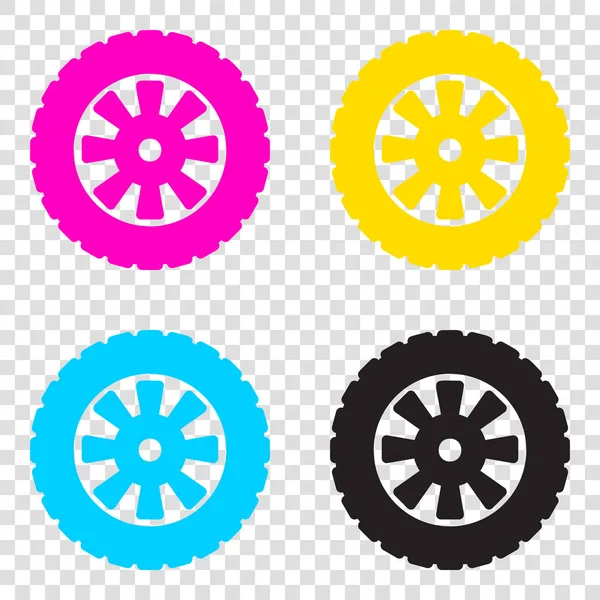 Dopravní značka pneumatik. CMYK ikony na průhledném pozadí. Azurová, mág — Stockový vektor