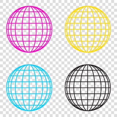 Dünya küre işareti. CMYK simgeleri şeffaf arka plan. Camgöbeği, ma