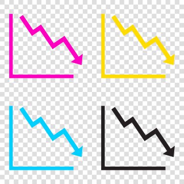 Aşağıya doğru gösteren kriz işaret eden ok. Transpare CMYK simgeleri