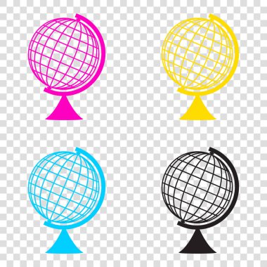 Dünya küre işareti. CMYK simgeleri şeffaf arka plan. Camgöbeği, ma