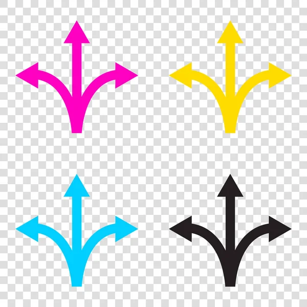 Trzy drożny kierunek strzałki znak. CMYK ikony na przezroczystym tle — Wektor stockowy