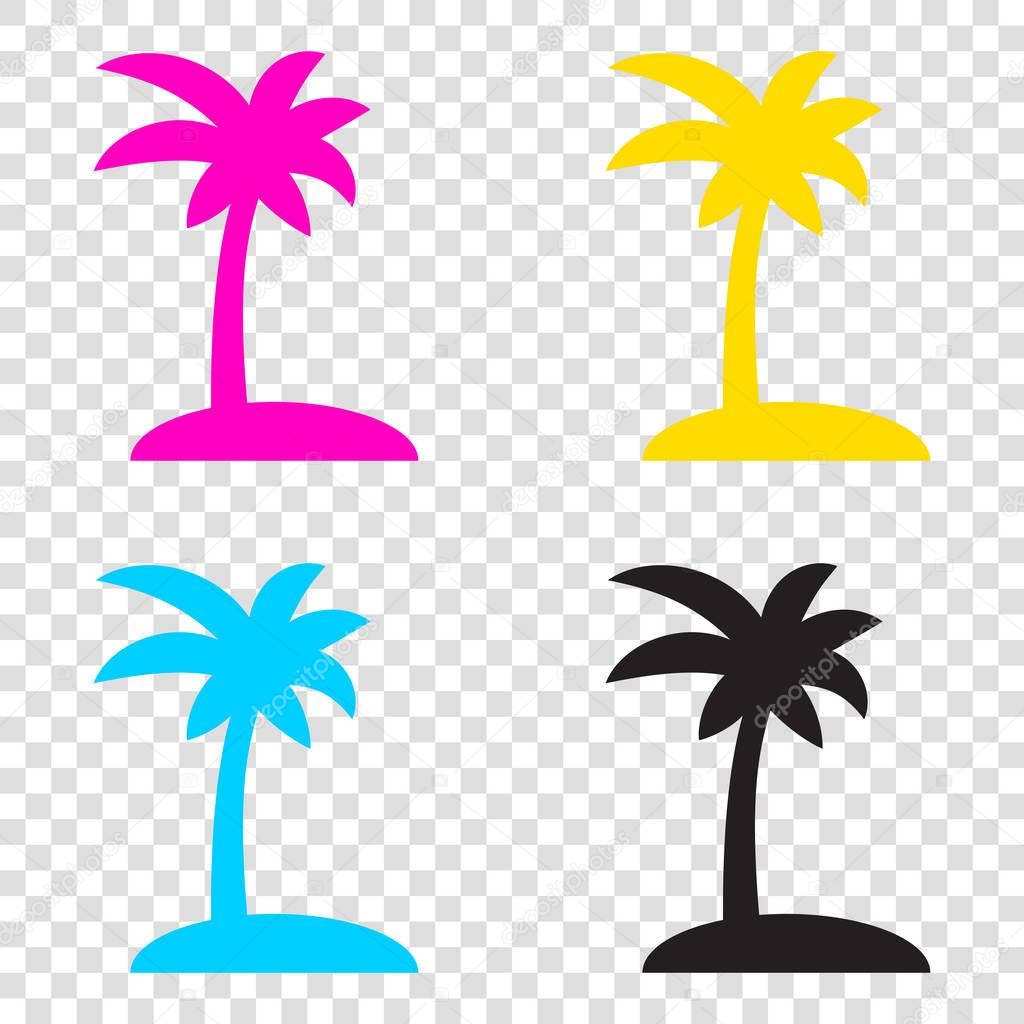 Coconut palm tree sign. CMYK icons on transparent background. Cyan, magenta, yellow, key, black.