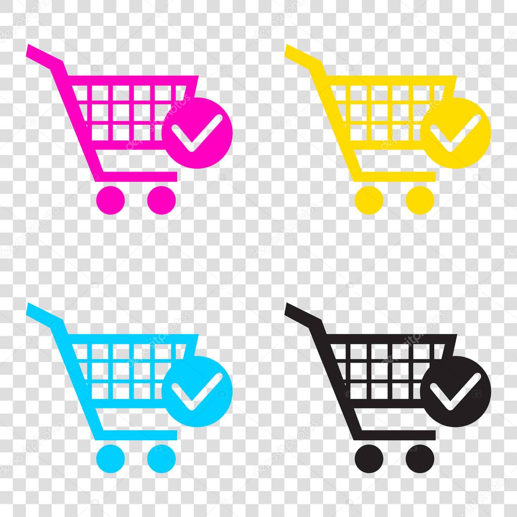 Shopping Cart with Check Mark sign. CMYK icons on transparent ba