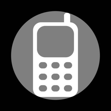 Cep telefonu işareti. Siyah arka plan, gri daire içinde beyaz simgesi. 