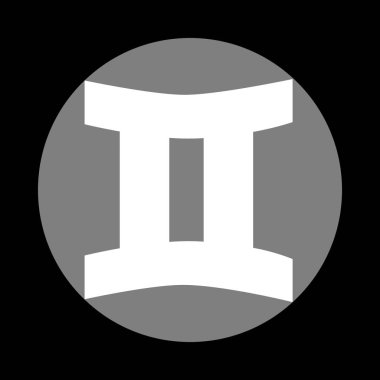 İkizler işareti. Siyah arka plan, gri daire içinde beyaz simgesi. Circ