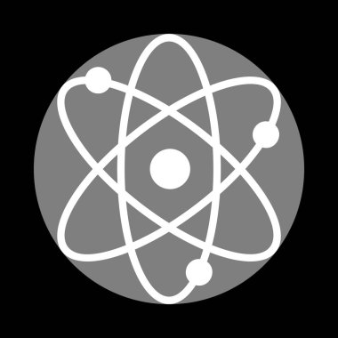 Atom işareti illüstrasyon. Siyah backg, gri daire içinde beyaz simgesi