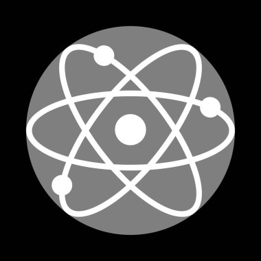 Atom işareti illüstrasyon. Siyah backg, gri daire içinde beyaz simgesi