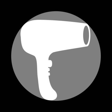 Saç kurutma makinesi işareti. Siyah arka plan, gri daire içinde beyaz simgesi. 