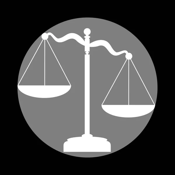Señal de Escalas de Justicia. Icono blanco en círculo gris en el respaldo negro — Vector de stock