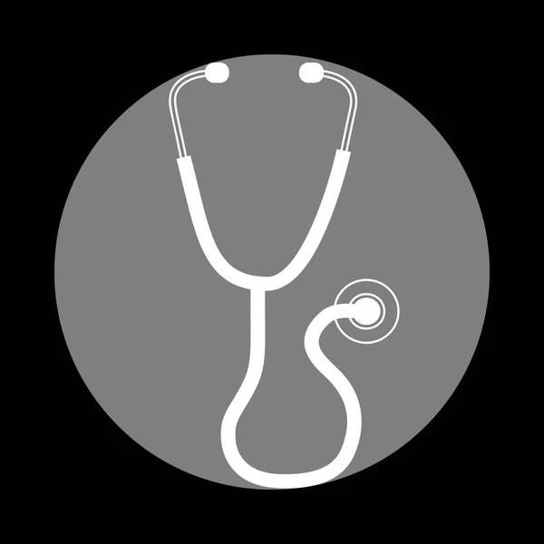 Stethoscoop teken illustratie. Wit pictogram in grijze cirkel op zwart — Stockvector