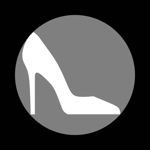Vrouw schoen teken. Wit pictogram in grijze cirkel op zwarte achtergrond. — Stockvector
