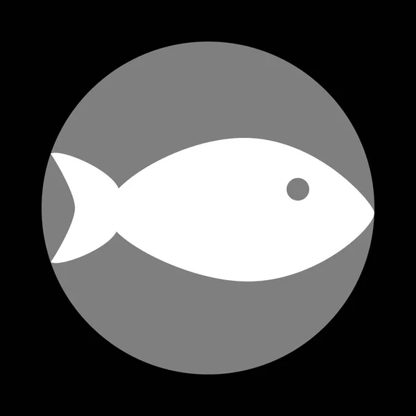 Fish sign illustration. White icon in gray circle at black backg — Stock Vector