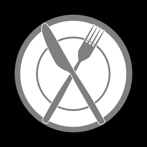 Fork, tape and Knife sign. White icon in gray circle at black ba — Stock Vector