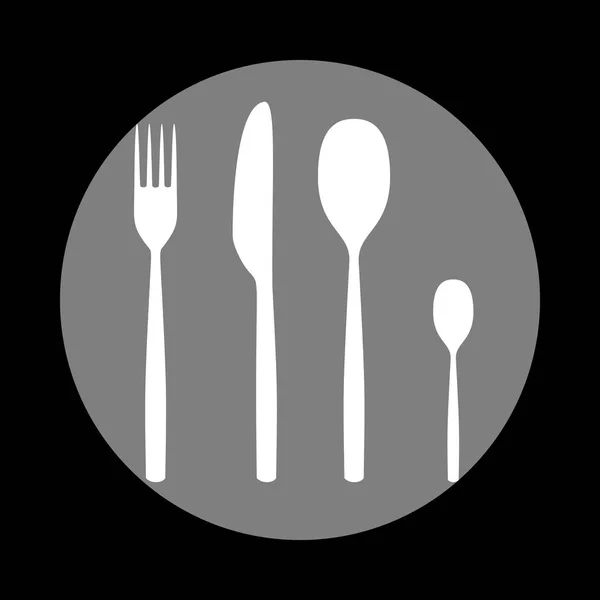 Mes en vork-lepel ondertekenen. Wit pictogram in grijze cirkel op zwarte ba — Stockvector