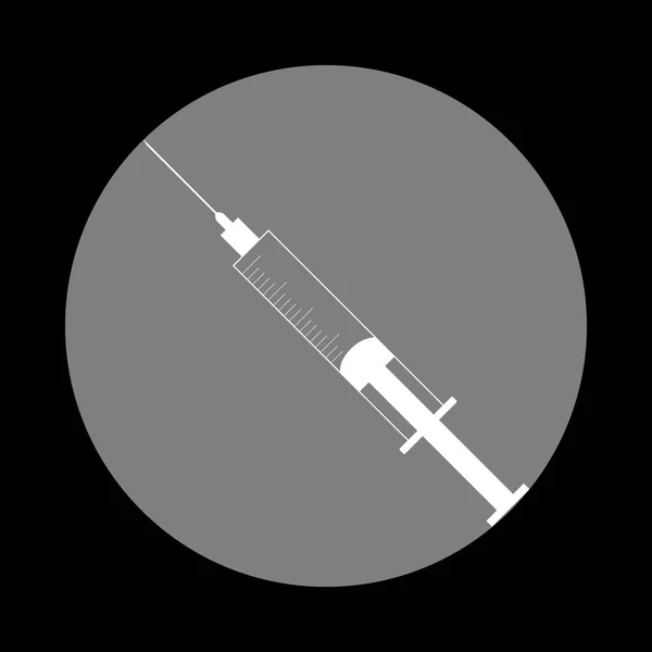 Injekční stříkačka znamení ilustrace. Bílá ikona šedého kruhu v černé ba — Stockový vektor