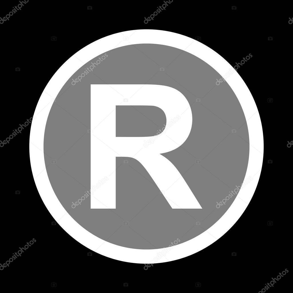 Registered Trademark sign. White icon in gray circle at black ba