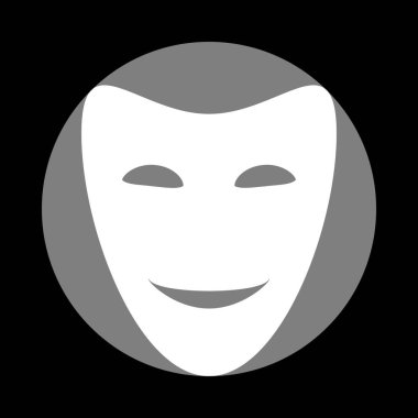 Komedi Tiyatro maskeleri. Siyah arka gri daire içinde beyaz simgesi