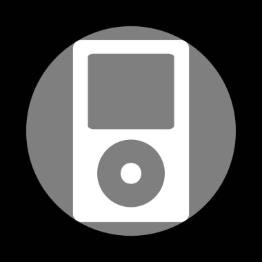 Taşınabilir müzik cihazı. Siyah backgr, gri daire içinde beyaz simgesi