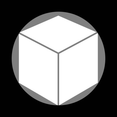 Küp işareti illüstrasyon. Siyah backg, gri daire içinde beyaz simgesi