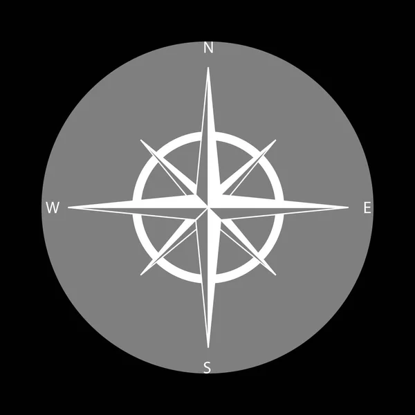 Signo de rosa de viento. Icono blanco en círculo gris en el fondo negro. C — Vector de stock