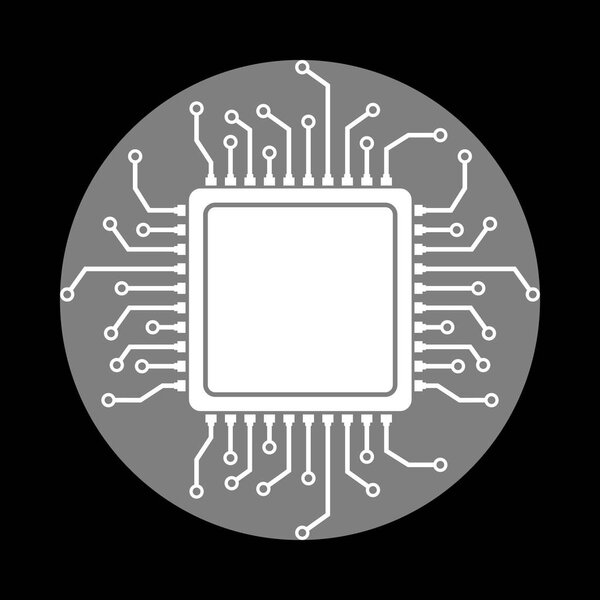 Иллюстрация микропроцессора CPU. Белая икона в окружности
