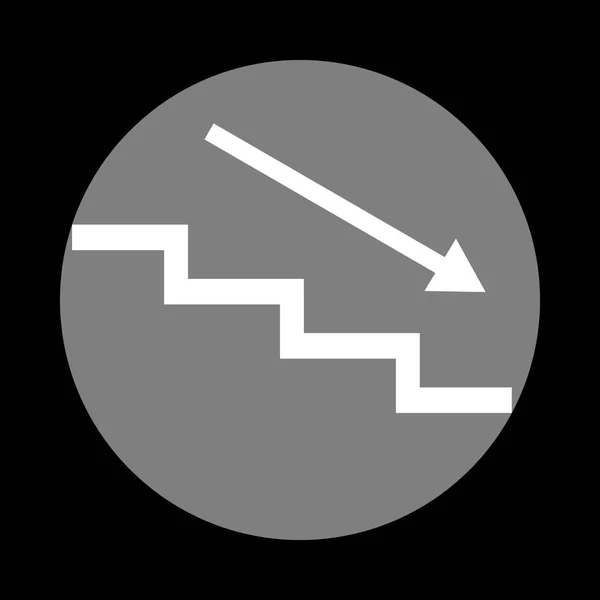 Escalera abajo con flecha. Icono blanco en círculo gris en el fondo negro — Vector de stock