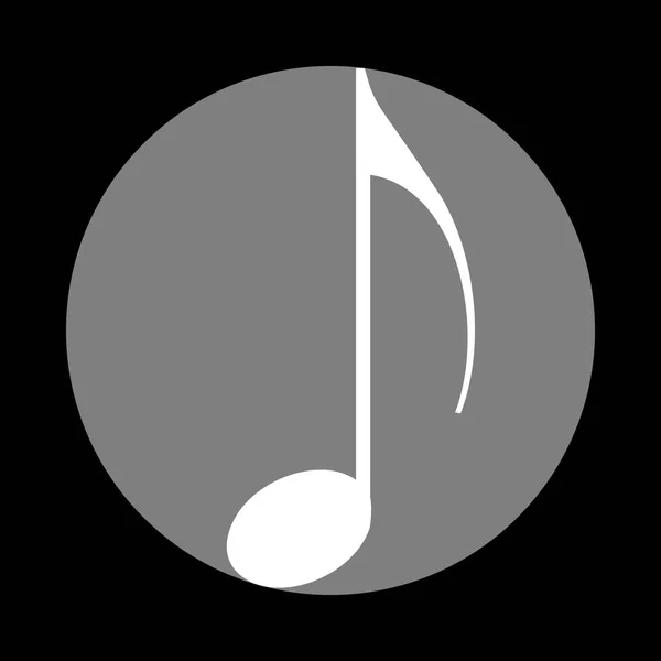 Music note sign. White icon in gray circle at black background. — Stock Vector