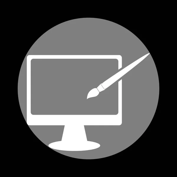 Monitor mit Pinselschild. weißes Symbol in grauem Kreis auf schwarzem Rücken — Stockvektor