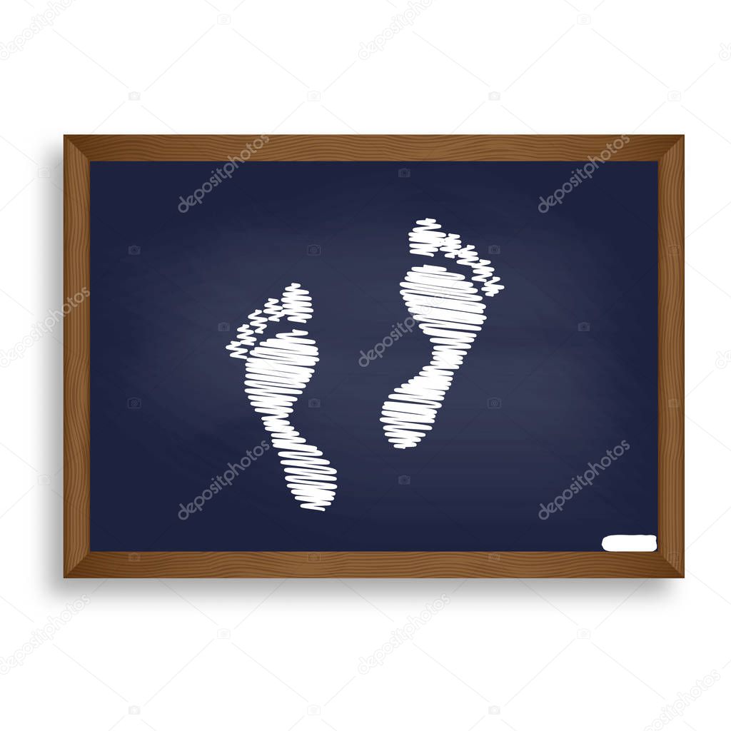 Foot prints sign. White chalk icon on blue school board with sha