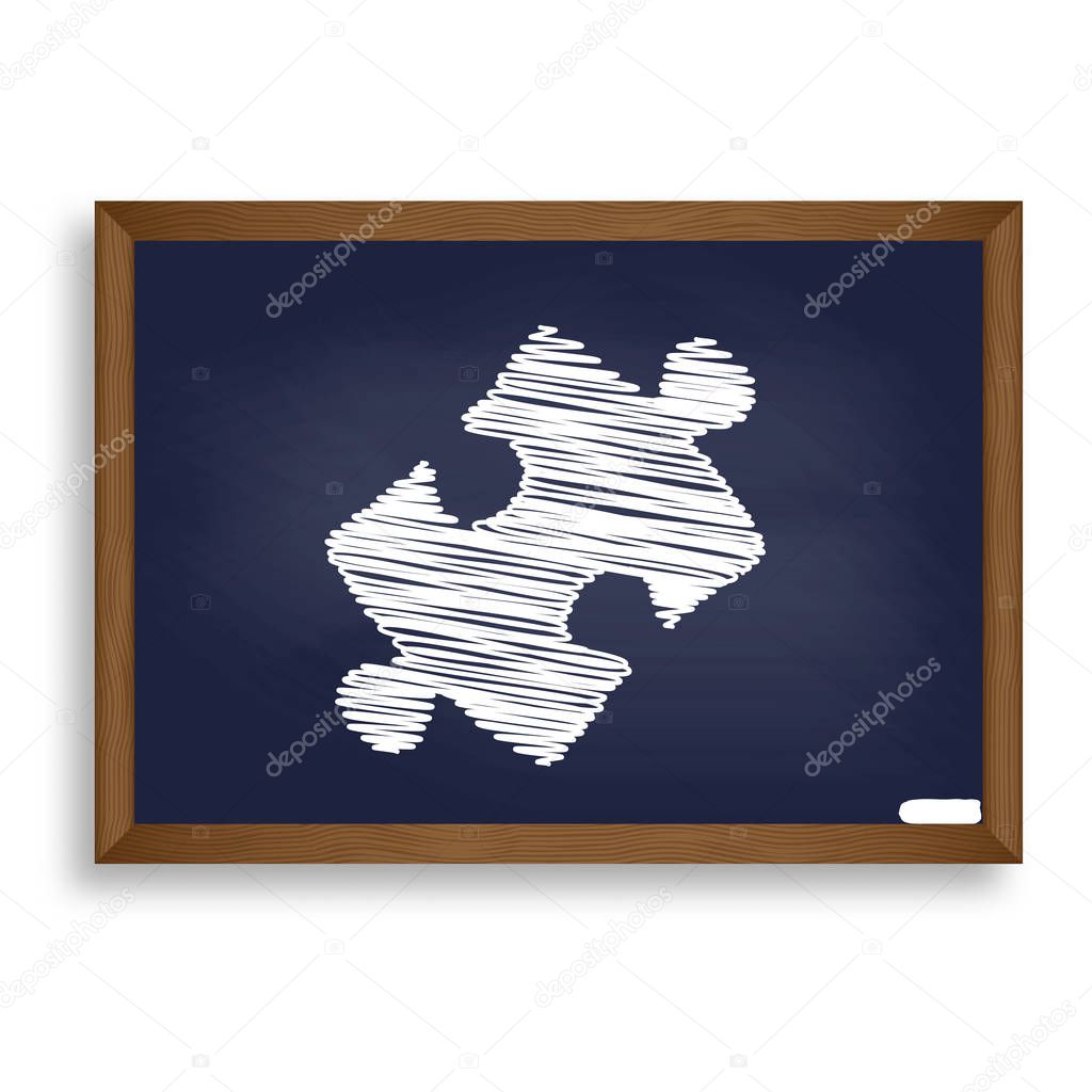 Puzzle piece sign. White chalk icon on blue school board with sh