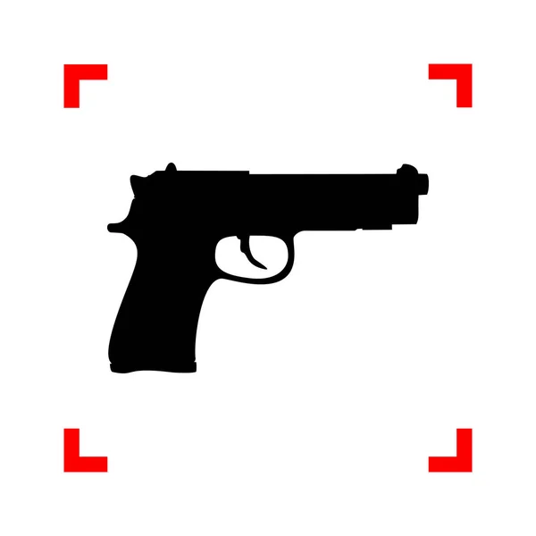 Signo de pistola ilustración. Icono negro en esquinas de enfoque en la espalda blanca — Vector de stock