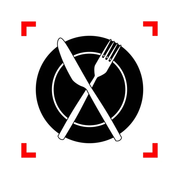 Forchetta, nastro adesivo e segno del coltello. Icona nera negli angoli di messa a fuoco sul bianco — Vettoriale Stock