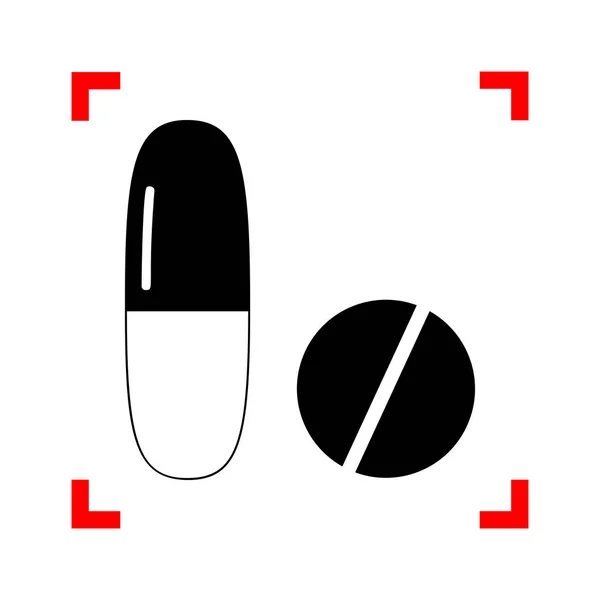 Medical pills sign. Black icon in focus corners on white backgro — Stock Vector