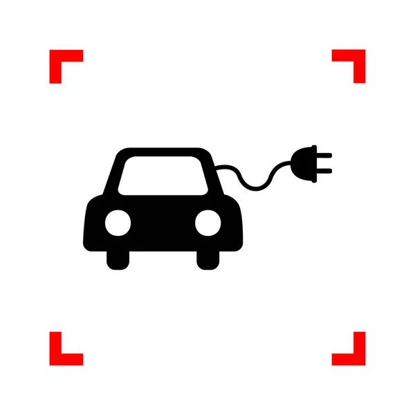 Signo de coche eléctrico ecológico. Icono negro en esquinas de enfoque en la espalda blanca — Vector de stock